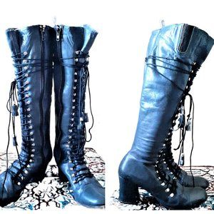 CUSTOM 1967 TALL BLUE LEATHER LACE UP HIPPIE BOOTS Leather Lace Up Boots Sz 6,5